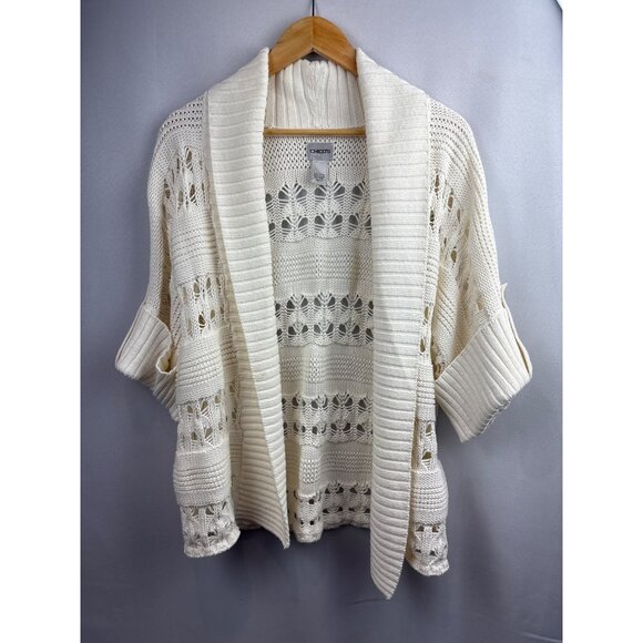 Chicos Womens Open Weave Cardigan Sweater Size XL 100% Cotton Ribbed Shawl Colla - Picture 1 of 4
